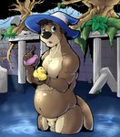 animal_genitalia anthro balls belly blue_eyes blue_wizard_hat column genitals grass male otter_tail partially_submerged pink_soap plant roots rubber_duck ruins sheath sky soap soap_bar solo tree vines water pandottermon mammal mustelid otter hi_res