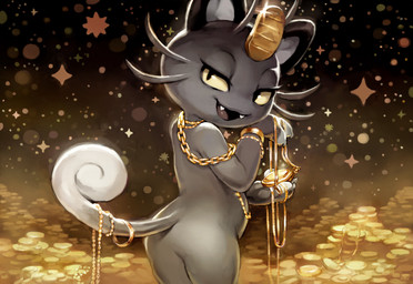 ambiguous_gender anthro bedroom_eyes biped butt butt_pose claws clock coin dwarfism eyelashes fangs fur glistening gold_(metal) gold_coin half-closed_eyes jewelry looking_at_viewer looking_back money narrowed_eyes necklace nude open_mouth pocketwatch pose ring seductive smile solo sparkles standing teeth treasure watch whiskers crookedtrees nintendo pokemon alolan_form alolan_meowth felid generation_7_pokemon mammal pokemon_(species) regional_form_(pokemon) 2016 digital_media_(artwork)