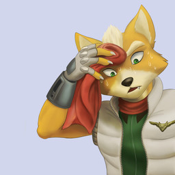 anthro bodily_fluids clothing eyebrows fangs fingerless_gloves fur gloves green_eyes handwear kerchief male neckerchief neckwear solo sweat tan_body tan_fur teeth topwear towel vest kjoge1 nintendo star_fox fox_mccloud canid canine fox mammal 1:1 2026 absurd_res hi_res