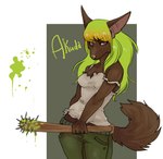 5_fingers anthro baseball_bat bat_(object) biped breasts brown_body brown_fur clothed clothing female fingers fur green_hair hair humanoid_hands simple_background solo standing text kaitycuddle akuda canid canine mammal 2011 digital_media_(artwork) portrait three-quarter_portrait