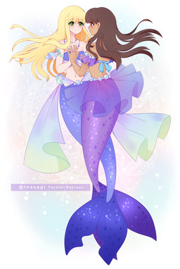 anthro bikini bikini_top blonde_hair blue_tail brown_eyes brown_hair clothing duo female female/female gem green_eyes hair hand_holding jewelry necklace pearl_(gem) pearl_necklace purple_tail split_form swimwear tail two-piece_swimsuit inosagi aquatic merfolk hi_res