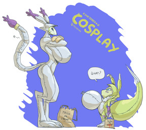 anthro big_breasts blue_eyes breasts claws clothed clothing cosplay costume duo female fur gloves handwear humor inflatable latex nipples simple_background white_body white_fur yellow_body yellow_fur oddjuice bandai_namco digimon canid canine digimon_(species) felid feline felis gatomon mammal renamon digital_drawing_(artwork) digital_media_(artwork) hi_res