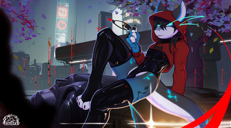 anthro clothing cropped_topwear cyberpunk detailed_background glowing glowing_eyes hood_up hoodie latex latex_clothing latex_legwear latex_stockings legwear male sitting solo stockings tail topwear suporta aquatic fish shark hi_res