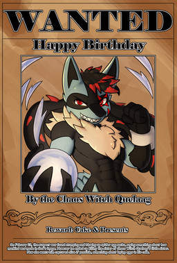 abs athletic ear_piercing grin grinning_at_viewer happy_birthday looking_at_viewer male nude piercing pose pupils sharp_teeth slit_pupils small_waist smile smiling_at_viewer solo teeth text wanted_poster bear213 nintendo pokemon generation_4_pokemon lucario pokemon_(species) english_text hi_res