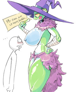 anthro aroused big_breasts big_butt biped blue_breasts bodily_fluids bottomwear breasts butt choker clothing curvy_figure dialogue drooling duo eyelashes female female_anthro hat headgear headwear hourglass_figure huge_breasts huge_hat jewelry larger_anthro larger_female loincloth male male/female male_human my_eyes_are_up_here necklace nervous nervous_sweat nipples non-mammal_breasts non-mammal_nipples red_cheekdots saliva size_difference small_waist smaller_human smaller_male speech_bubble sweat text thick_thighs wide_hips witch_hat yellow_sclera noirchaton4 grefina_(noirchaton4) amphibian frog human mammal english_text hi_res