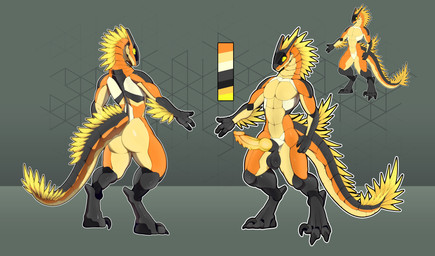 3_fingers 3_toes animal_genitalia antennae_(anatomy) anthro big_butt butt claws digitigrade feathers feet fingers genitals holographic_feathers knot knotted_penis male orange_body penile_spines penis sheath sickle_claw simple_background solo thick_thighs toe_claws toes white_body yellow_body yellow_eyes yellow_feathers vitor_swissidoldragon dinosaur dromaeosaurid human humanoid mammal prehistoric_species reptile saurischian scalie synth_(vader-san) theropod absurd_res hi_res model_sheet