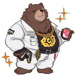anthro barefoot beverage black_clothing black_shirt black_topwear bottomwear brown_body brown_fur chain_necklace chibi clothing eye_scar facial_scar feet fur holding_beverage holding_object jacket jewelry male necklace overweight overweight_male pants scar shirt simple_background smile smiling_at_viewer solo text topwear white_background white_bottomwear white_clothing white_jacket white_pants white_topwear shyybuchi mihoyo zenless_zone_zero ben_bigger bear mammal 2024 chinese_text hi_res