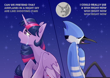 anthro bodily_fluids duo eyes_closed female feral hooves horn male moon raised_hoof sky star starry_sky tears text wings jellysketch cartoon_network friendship_is_magic hasbro mordetwi my_little_pony mythology regular_show mordecai_(regular_show) twilight_sparkle_(mlp) avian bird blue_jay corvid equid equine jay_(bird) mammal mythological_creature mythological_equine new_world_jay oscine passerine winged_unicorn absurd_res english_text hi_res meme