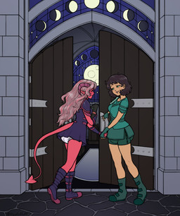 black_hair book boots clean_diaper clothed clothing detailed_background diaper door duo eye_contact female footwear green_clothing hair horn looking_at_another opening_door purple_clothing red_body red_hair shoes spellbook tail wearing_diaper floofnfluff demon absurd_res character_request hi_res