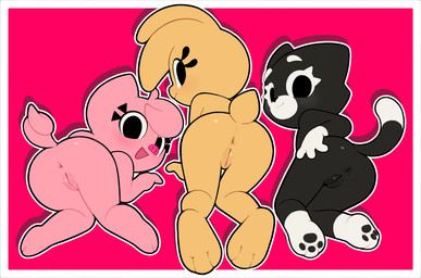 all_fours anthro anus black_body blush butt female genitals group looking_at_viewer nude pink_background pink_body presenting simple_background smile snout tail trio vulva yellow_body young young_anthro young_female gaturo bonita_(gaturo) mina_(gaturo) venus_(gaturo) domestic_cat domestic_pig felid feline felis lagomorph leporid mammal rabbit suid suine sus_(pig) 2026 absurd_res hi_res adult_(lore)