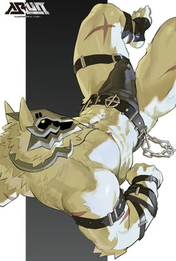 abs anthro arm_strap barazoku belt bulge cross cross_necklace detailed_bulge fur genital_outline jewelry male mask muscular muscular_anthro muscular_male necklace nipples pecs penis_outline scar arun_six unknown_species absurd_res hi_res