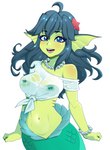 blue_eyes breasts clothing female gills green_body green_skin hair jewelry long_hair looking_at_viewer navel necklace nipples open_mouth open_smile shirt smile solo split_form topwear wet wet_clothing wet_shirt wet_topwear rodjim third-party_edit shantae_(series) wayforward giga_mermaid humanoid marine merfolk 2021 absurd_res hi_res