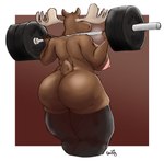 anthro antlers areola barbell big_butt bodily_fluids border brown_background brown_body brown_fur butt clothed clothing exercise female fur geometric_background gradient_background horn huge_butt huge_thighs legwear legwear_only nipples no_underwear pink_areola pink_nipples scut_tail short_tail simple_background solo standing steam sweat tail tan_antlers thick_thighs thigh_highs three-quarter_view topless topless_anthro topless_female weightlifting white_border workout mcdoogiy gerry_(mcdoogiy) deer mammal moose new_world_deer 2024 colored_sketch digital_drawing_(artwork) digital_media_(artwork) hi_res portrait shaded signature sketch soft_shading three-quarter_portrait