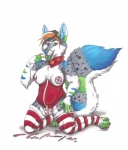 anthro breasts bulge candy candy_cane clothing dessert food footwear gynomorph intersex legwear panties pasties socks solo stockings tail toeless_footwear toeless_socks underwear kairithekat canid canine canis domestic_dog mammal