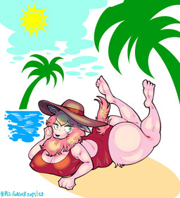 4_toes abstract_background anthro barefoot big_breasts big_butt black_nose blonde_hair bored breasts butt calves_up cleavage clothed clothing eyelashes feet female furgonomics green_eyes hair hat headgear headwear huge_butt humanoid_feet leg_tuft looking_at_viewer lying nipple_outline on_front one-piece_swimsuit palm_tree plant plantigrade soles solo sun sun_hat swimwear tail tail_clothing the_pose thick_thighs thigh_tuft toes tree tuft yanisp5 beastars sebun_(beastars) bovid caprine domestic_sheep mammal merino_sheep sheep hi_res
