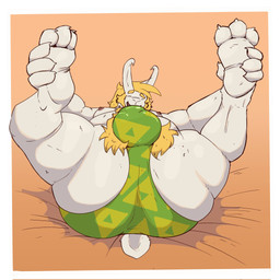 anthro blonde_hair border briefs bulge clothing eyebrows eyes_closed feet green_clothing hair horn lying male nipples on_back orange_background short_tail simple_background soles solo spread_legs spreading tail thick_eyebrows toes underwear white_border bearinhat deltarune undertale undertale_(series) asriel_dreemurr bovid caprine goat mammal 1:1 hi_res