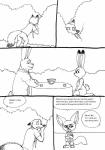 anthro bernielover beverage canid canine clothed clothing comic disney english_text female fennec_fox finnick_(zootopia) food fox fur group hi_res hiding judy_hopps lagomorph leporid long_ears male mammal monochrome nick_wilde rabbit red_fox simple_background smile speech_bubble text true_fox white_background zootopia