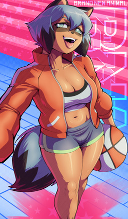 anthro ball basketball_(ball) black_hair blue_hair bottomwear breasts brown_body brown_fur cleavage clothed clothing dipstick_tail eyelashes fangs female footwear fully_clothed fur green_eyes hair holding_ball holding_object jacket legwear markings midriff multicolored_hair multicolored_tail navel open_mouth shirt shorts socks solo standing star tail tail_markings teeth text tongue tongue_out topwear white_clothing white_footwear white_legwear white_socks pltnm06ghost brand_new_animal studio_trigger michiru_kagemori canid canine mammal raccoon_dog tanuki 2020 absurd_res english_text hi_res signature