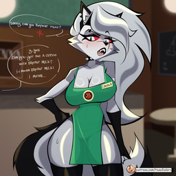 anthro areola breasts clothing female genitals nipples open_mouth red_sclera solo text translucent translucent_clothing vulva teaofcolors hellaverse helluva_boss i_mean_breast_milk mythology loona_(helluva_boss) canid canid_demon canine demon hellhound mammal mythological_canine mythological_creature 1:1 absurd_res english_text hi_res meme url