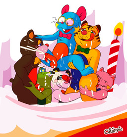 anthro blue_body blush bodily_fluids bow_tie brown_body chibi chuppie cum ejaculation eyes_closed eyewear genital_fluids glasses green_body group male male/male oral white_body yellow_body kynosura bunny_plan amphibian bear domestic_pig felid frog giant_panda mammal mouse murid murine pantherine rodent suid suine sus_(pig) tiger 2020 absurd_res hi_res