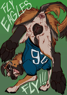 american_football anatomically_correct anatomically_correct_genitalia andromorph animal_genitalia animal_vulva anus brown_body brown_fur canine_genitalia canine_vulva clothed clothed_feral clothing fangs feral football_jersey fur genitals green_background handstand intersex looking_at_viewer looking_back markings multicolored_body multicolored_fur number number_on_clothing number_on_jersey number_print open_mouth pawpads paws raised_tail shirt simple_background smile smiling_at_viewer solo sport sports_team spots spotted_body spotted_fur tail teeth text topwear vulva incorgnito skylar_(incorgnito) canid canine canis domestic_dog herding_dog malinois_dog mammal pastoral_dog sheepdog english_text hi_res trans_(lore) trans_man_(lore)