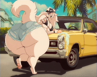 anthro bent_over big_butt black_nose bottom_heavy bottomwear bra building butt car clothed clothing cloud detailed_background female finger_gun fingers floppy_ears fluffy fluffy_tail fur gesture hair hand_gesture hat headgear headlight headwear hedge house huge_butt long_hair looking_at_viewer looking_back muscle_car outside palm_tree pawpads paws plant pointing pointing_at_viewer raised_leg raised_tail rear_view shadow shorts shrub skimpy sky soap solo sponge steering_wheel suds tail thick_thighs tire torn_bottomwear torn_clothing tree underwear vehicle vhs_artifacts vhs_filter white_body white_fur white_hair wide_hips windshield windshield_wiper fenrir_brown pontiac pontiac_gto lily_(vetarix) canid canine canis domestic_dog mammal hi_res shaded