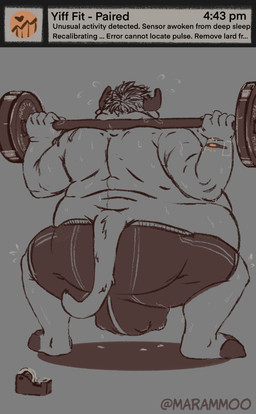 anthro back_rolls bodily_fluids bovine_teats bovine_udders commentary compression_shorts exercise fat_folds fitness_tracker folds hooved_toes hooves horn leaking male neck_rolls obese overweight rear_view solo sweat tail tape teat_balls teats text udder_balls udders weight_gain weightlifting workout mara_mmoo fattytober mara_(mara_mmoo) bovid bovine cattle mammal english_text hi_res sequence