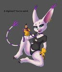 anthro bandai_namco breasts chickenmcthugget claws clothed clothing digimon digimon_(species) ear_piercing ear_ring felid feline female fur gatomon hi_res leash looking_at_viewer mammal piercing relaxing ring_piercing simple_background smile solo white_body