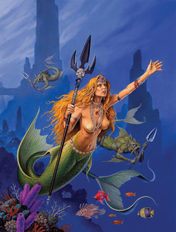 anthro bra breasts brown_hair clothing coral_reef fin green_body green_scales group hair holding_melee_weapon holding_object holding_polearm holding_trident holding_weapon humanoid_focus jewelry looking_up male melee_weapon nude open_mouth polearm scales seashell_bra split_form trident underwater underwear water weapon clyde_caldwell anthozoan cnidarian coral fish humanoid marine merfolk 2006 hi_res traditional_media_(artwork)