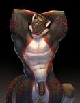 anthro arm_above_head flaccid flexing_muscles foreskin genitals leopard_spots looking_at_viewer male muscular muscular_male nipples one_eye_closed penis pink_nipples solo spots wink winking_at_viewer yellow_eyes bublelery nomsi_(character) felid mammal absurd_res hi_res