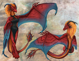 anthro backless_dress blonde_hair blue_eyes breasts claws clothing dress feet female fin front_view hair horn membrane_(anatomy) non-mammal_breasts raised_arm rear_view red_body simple_background smile solo standing tail tail_fin winged_arms wings caribou_(artist) european_mythology mythology eztli_(user_55) dragon mythological_creature mythological_scalie scalie western_dragon wyvern digital_media_(artwork) model_sheet