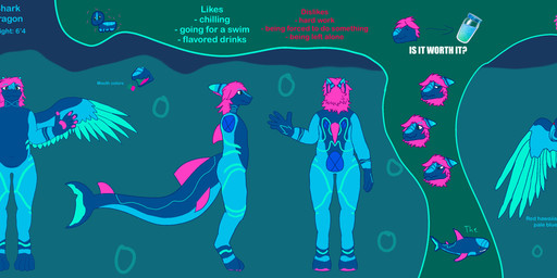 anthro big_tail blue_body green_eyes hair male multicolored_body pink_hair tail text wings skydragon1200 mythology slip_(sky) aquatic dragon fish hybrid mythological_creature mythological_scalie scalie shark 2026 digital_media_(artwork) english_text hi_res model_sheet