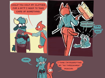 anthro begging broom butt cleaning_tool dialogue female folded_clothing imminent_threesome improvised_weapon male male/female mostly_nude scared text vanilla_candy unicorn_blood_(comic) marigold_(unicorn_blood) saffron_(unicorn_blood) tulip_(unicorn_blood) bovid caprine domestic_cat felid feline felis lagomorph mammal sheep comic english_text hi_res restricted_palette