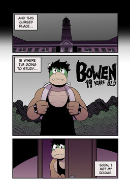 2_horns anthro backpack baroque_architecture black_clothing black_hair black_shirt black_topwear bracelet building character_age clock clock_tower clothing cute_fangs dialogue door fangs front_view green_body hair horn inner_monologue jewelry male night opening_door shirt sky solo spiked_bracelet spikes standing tank_top teeth text text_box thinking topwear yellow_body t0l0k mario_bros nintendo bowen_(t0l0k) dragon_koopa koopa scalie character_name comic english_text hi_res
