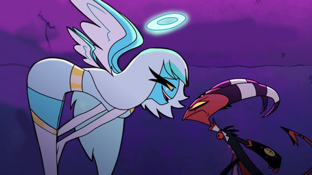 4_wings bent_over blue_body blue_eyes blue_skin clothing dress duo eyelashes feathered_wings feathers female frown glaring hair halo horn larger_female leaning leaning_forward leggings legwear long_eyelashes long_hair male male/female multi_wing red_body red_eyes red_skin screencap size_difference smaller_male smile spade_tail striped_horn stripes suit tail teeth white_hair white_wings wings yellow_sclera emositecc vivzmind hellaverse helluva_boss blitzo_(helluva_boss) verosika_mayday angel angel_humanoid demon demon_humanoid humanoid imp 16:9 colored hi_res source_request widescreen