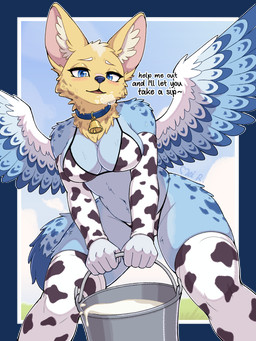5_fingers animal_print animal_print_bikini anthro bell bell_collar bikini blue_body blue_eyes blue_fur blue_nose blue_tail breasts bucket clothing collar container cow_print cow_print_bikini female fingers fur legwear looking_at_viewer milk milk_bucket milk_container pattern_bikini pattern_clothing pattern_swimwear solo steam steam_from_mouth swimwear tail tan_body tan_fur text thick_thighs thigh_highs two-piece_swimsuit underwear wide_hips wings meircmei hybrid 3:4 alpha_channel english_text