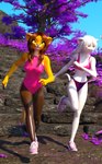 anthro biped bottomwear clothed clothing duo female footwear hair jogging leotard outside shoes sky sneakers topwear kawaoneechan elaie_(letrune) letrune domestic_cat felid felin feline felis mammal 2022 3d_(artwork) digital_media_(artwork)