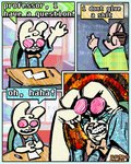 4_fingers 4_panel_comic anthro balding bodily_fluids bow_tie brown_hair chalkboard classroom crying dialogue duo eyewear fingers fur glasses hair inside male raised_hand round_glasses school snot solo suspenders tears text white_body white_fur rawdawgcomics rawdawgcomics_(series) bingus_(rawdawgcomics) canid canine canis domestic_dog lagomorph leporid mammal rabbit comic digital_media_(artwork) english_text hi_res