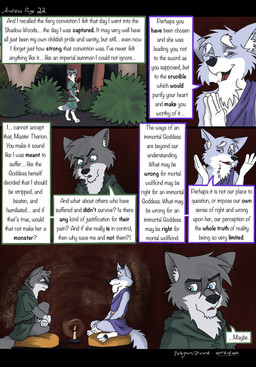 3_toes 4_fingers age_difference anthro arrow_(weapon) barefoot bench black_nose blue_body blue_eyes blue_fur bow_(weapon) clothed clothed_anthro clothed_male clothing dialogue duo feet fingers flashback fur grey_body grey_fur hindpaw humanoid_hands male multicolored_body multicolored_fur paws ranged_weapon shirt sitting speech_bubble tail teeth temple text toes topwear tunic two_tone_body two_tone_fur weapon white_body white_fur spiritofash andreas_(spiritofash) therion_(spiritofash) canid canine canis mammal wolf comic english_text hi_res