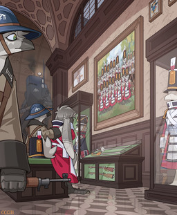 adrian_helmet ambiguous_gender anthro armor brodie_helmet christian_symbol christogram clothing coat comforting comforting_another gun hand_on_shoulder hat headgear headwear helmet inside looking_aside machine mecha military military_uniform museum musket painting_(object) painting_on_wall ranged_weapon religion religious_symbol rifle romanesque_architecture saber sad shako sitting soldier standing symbol topwear uniform warrior weapon roawayart christianity iron_harvest ave_(roawayart) lost_soldier_(roawayart) plantide_(roawayart) avian bird 2025 hi_res