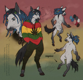 anthro black_eyebrows black_hair blep blue_eyes blue_hair bottomwear brown_hooves clothed clothing crotch_tuft dreadlocks eyebrows featureless_crotch front_view fur glistening glistening_eyes gradient_hair green_bottomwear green_clothing green_pants green_topwear grey_body grey_fur hair hooves leg_markings logo male markings narrowed_eyes nude pants pattern_clothing pattern_topwear red_clothing red_topwear socks_(marking) solo striped_clothing striped_topwear stripes text tongue tongue_out topwear tuft unguligrade yellow_clothing yellow_topwear lostgoose equid equine horse mammal 2021 artist_logo cyrillic_text dated digital_media_(artwork) hi_res model_sheet