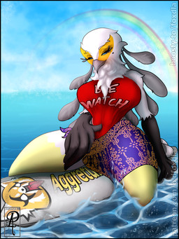 anthro beak big_breasts black_border blue_eyes border breasts clothing eyelashes feathers female front_view looking_at_viewer mole_under_eye one-piece_swimsuit rainbow red_clothing red_swimwear sea sky solo swimwear thick_thighs water white_body white_feathers wide_hips yellow_body yellow_feathers oldfoxdla aggretsuko sanrio secretary_washimi accipitriform avian bird secretary_bird 3:4 hi_res