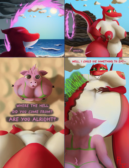 anthro beach big_breasts big_butt breasts brown_eyes butt duo eyeliner female female/female gills green_eyes huge_butt imminent_vore makeup multicolored_body natural_colors nipple_piercing nipples nude piercing pupils rumbling_stomach shortstack size_difference text tight_bikini white_pupils flightlesslizard akai_(flightlesslizard) domestic_pig fish mammal marine shark suid suine sus_(pig) absurd_res english_text hi_res