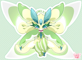 antennae_(anatomy) anthro blue_eyes blush eyelashes female forehead_gem front_view gem green_body green_sclera looking_at_viewer open_mouth solo text weepinbelly nintendo pokemon arthropod generation_7_pokemon lurantis pokemon_(species) shiny_pokemon