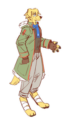 anthro black_clothing black_nose black_topwear blonde_hair blue_eyes blue_scarf bottomwear closed_smile clothed clothing collar fur green_collar grey_bottomwear grey_clothing grey_pants hair male messy_hair mouth_closed narrowed_eyes no_pupils pants scarf short_hair simple_background smile solo standing three-quarter_view topwear unsigned white_background yellow_body yellow_fur asnnonaka k-nine_(asnnonaka) bird_dog canid canine canis domestic_dog golden_retriever hunting_dog mammal retriever 3:5 digital_media_(artwork) full-length_portrait hi_res portrait