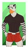 abs anthro beak biceps big_bulge bottomwear bulge clothing green_eyes looking_at_viewer male muscular muscular_anthro muscular_male pecs shirt shorts solo tight_clothing topwear castbound barabird mythology drew_(barabird) avian gryphon mythological_avian mythological_creature hi_res