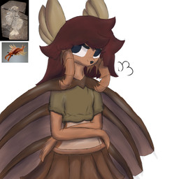 ambiguous_gender angry anthro bottomwear clothing hair long_hair no_sclera red_body red_hair rolled_up_sleeves shirt skirt snout solo topwear y3i anomalocarid anomalocaris aquatic arthropod prehistoric_species 1:1 absurd_res hi_res reference_image
