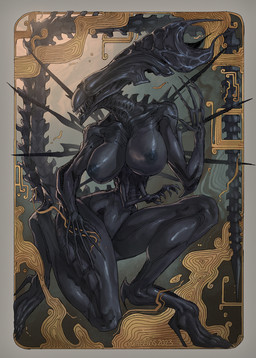 anthro areola big_breasts black_body breasts card claws curvy_figure detailed_background eyeless female multi_limb nails nipples nude open_mouth playing_card solo tail teeth text thick_thighs exobelos alien_(franchise) alien humanoid xenomorph xenomorph_queen 2023 artist_name digital_media_(artwork) full-length_portrait hi_res portrait