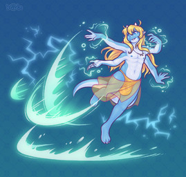 3_toes 4_arms 5_fingers anthro big_bulge blonde_hair bulge casting_spell clothed clothing electricity electricity_manipulation elemental_manipulation feet fingers green_background hair horn levitation lightning magic male multi_arm multi_limb navel simple_background smile solo tail toes topless translucent translucent_clothing keffotin mythology ramzyuu_(ramzyru) dragon mythological_creature mythological_scalie scalie 2022 digital_media_(artwork) hi_res