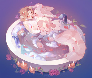 anthro bangs big_breasts blush breasts duo female female/female fluffy fluffy_tail fur hair happy heart_symbol kneeling love nude open_mouth orange_hair partially_submerged pink_body pink_fur short_hair simple_background sitting smile tail tan_body tan_fur wet wet_body wet_fur wings yellow_body yellow_fur ulitochka avian bird dasyurid dasyuromorph mammal marsupial tasmanian_devil 2024 colored digital_drawing_(artwork) digital_media_(artwork) hi_res shaded